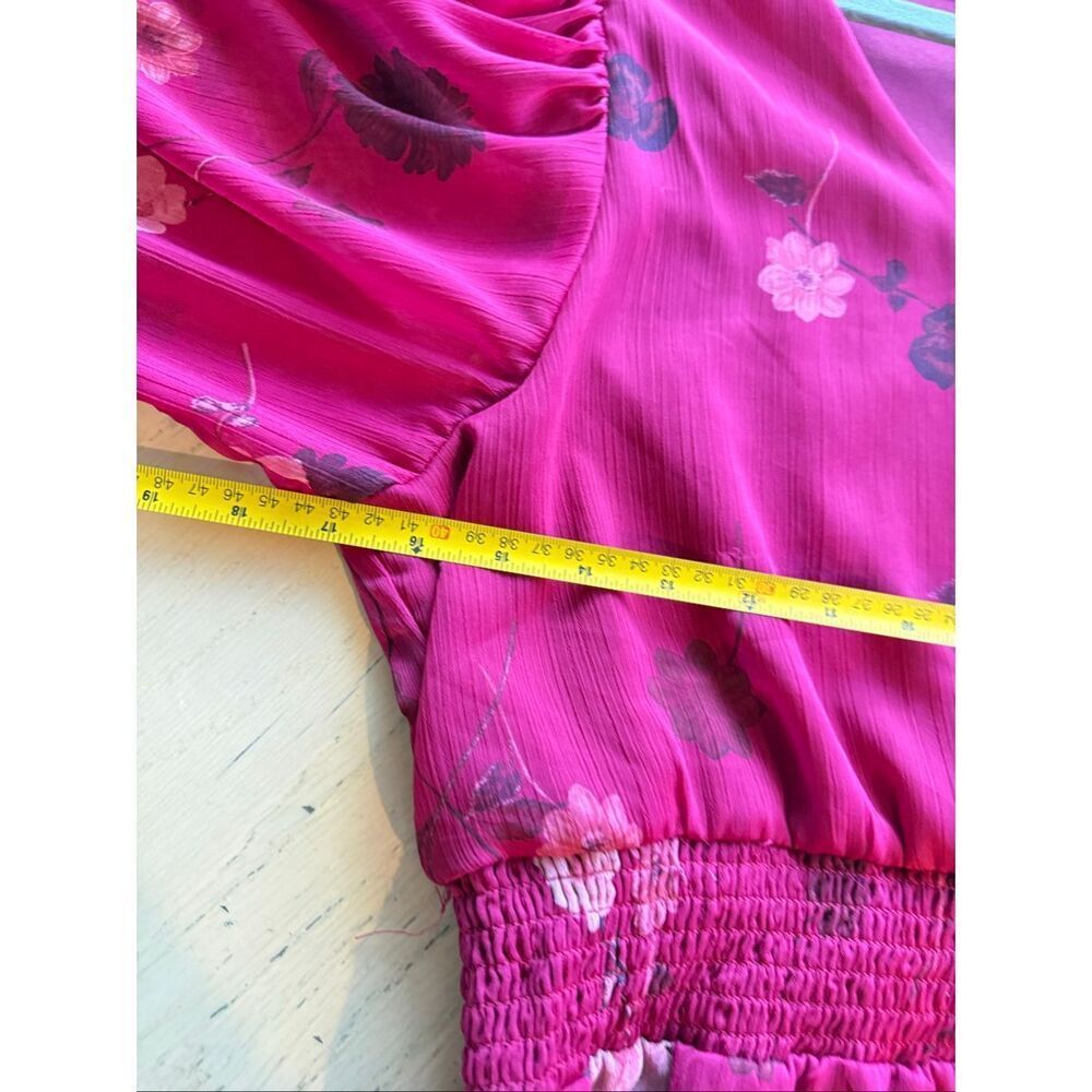 1.STATE Pink Floral Chiffon Peplum Blouse Smocked Waist V-Neck Size M - Picture 8 of 12